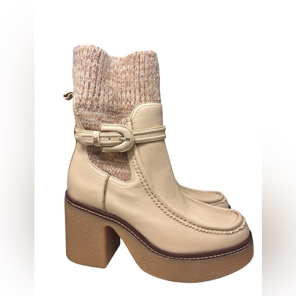 Sam Edelman Cream Leather Knit Cuff Heeled Boots, Austrian Wool - Picture 3 of 13